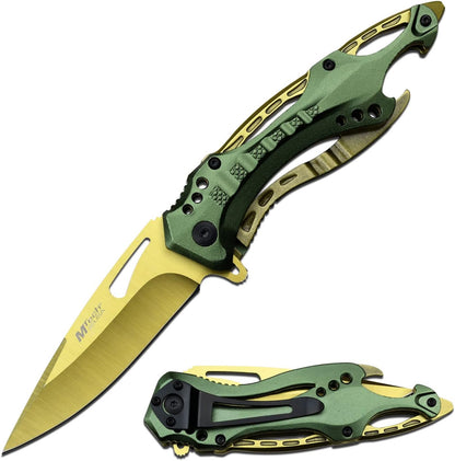 Folding Knife, 3.75-Inch Half-Serrated Blade, Titanium Coating, Glass Breaker, Pocket Clip