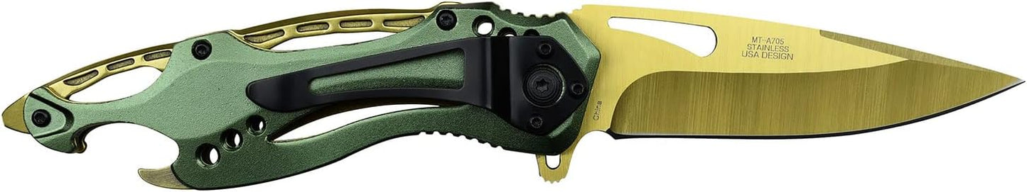 Folding Knife, 3.75-Inch Half-Serrated Blade, Titanium Coating, Glass Breaker, Pocket Clip