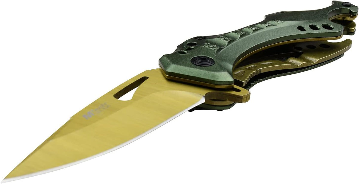 Folding Knife, 3.75-Inch Half-Serrated Blade, Titanium Coating, Glass Breaker, Pocket Clip