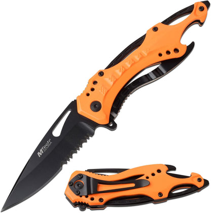 Folding Knife, 3.75-Inch Half-Serrated Blade, Titanium Coating, Glass Breaker, Pocket Clip