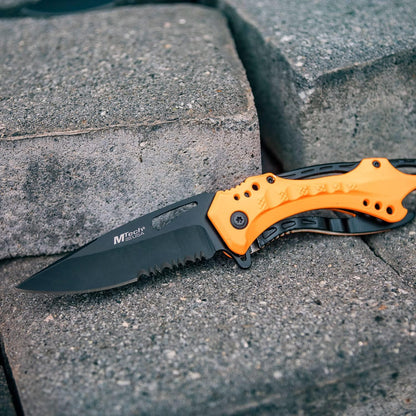 Folding Knife, 3.75-Inch Half-Serrated Blade, Titanium Coating, Glass Breaker, Pocket Clip
