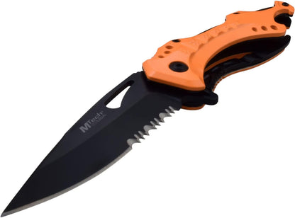 Folding Knife, 3.75-Inch Half-Serrated Blade, Titanium Coating, Glass Breaker, Pocket Clip