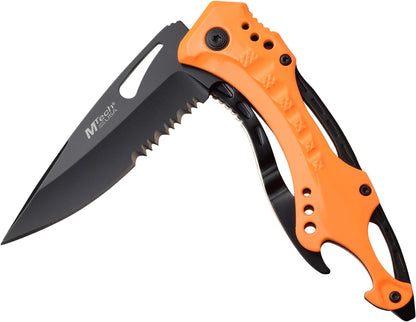 Folding Knife, 3.75-Inch Half-Serrated Blade, Titanium Coating, Glass Breaker, Pocket Clip