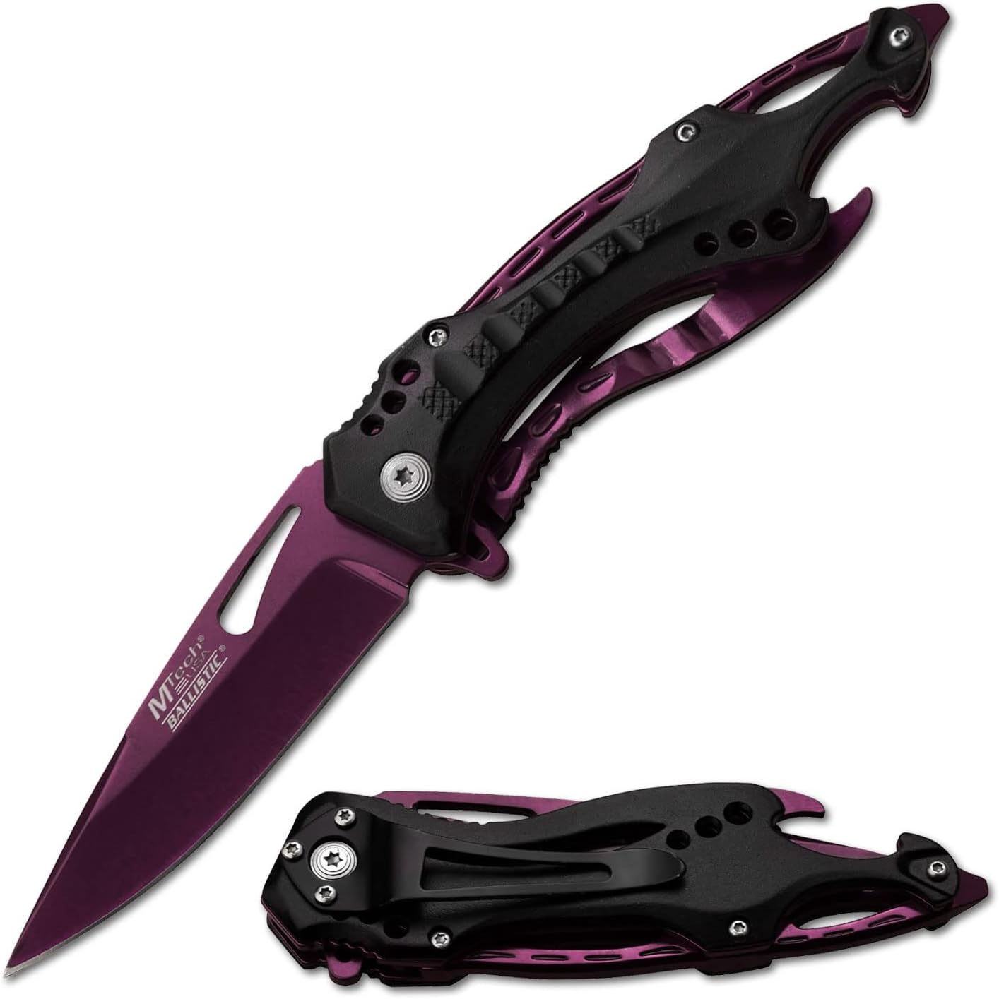 Folding Knife, 3.75-Inch Half-Serrated Blade, Titanium Coating, Glass Breaker, Pocket Clip