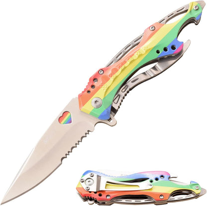 Folding Knife, 3.75-Inch Half-Serrated Blade, Titanium Coating, Glass Breaker, Pocket Clip