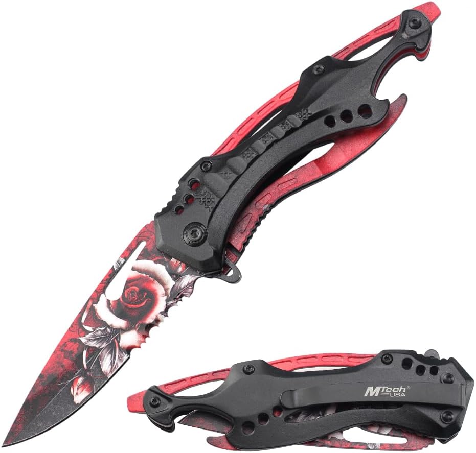 Folding Knife, 3.75-Inch Half-Serrated Blade, Titanium Coating, Glass Breaker, Pocket Clip