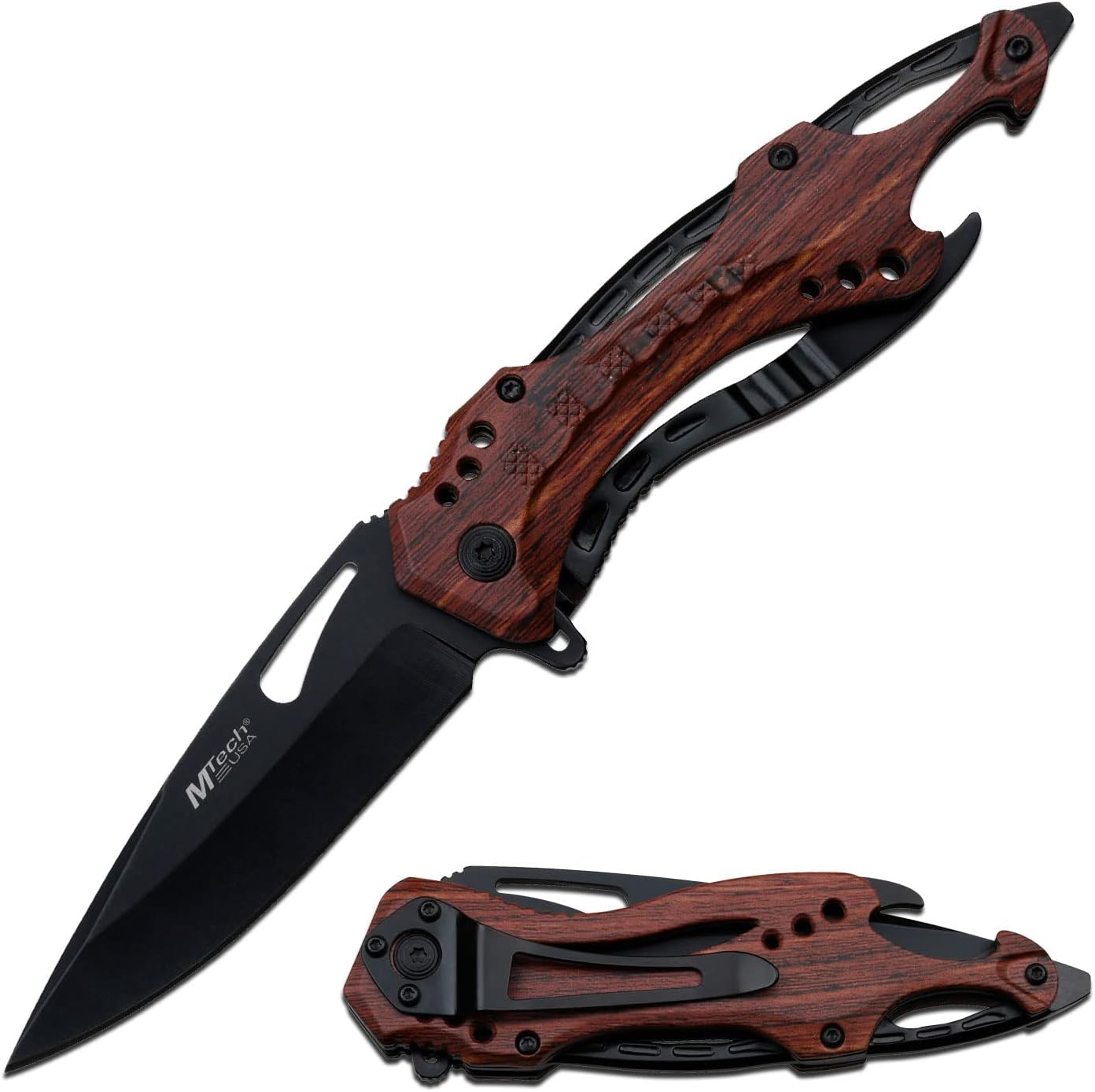 Folding Knife, 3.75-Inch Half-Serrated Blade, Titanium Coating, Glass Breaker, Pocket Clip