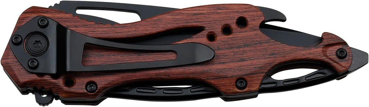 Folding Knife, 3.75-Inch Half-Serrated Blade, Titanium Coating, Glass Breaker, Pocket Clip