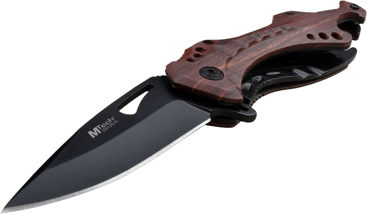Folding Knife, 3.75-Inch Half-Serrated Blade, Titanium Coating, Glass Breaker, Pocket Clip