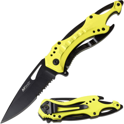 Folding Knife, 3.75-Inch Half-Serrated Blade, Titanium Coating, Glass Breaker, Pocket Clip