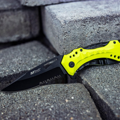 Folding Knife, 3.75-Inch Half-Serrated Blade, Titanium Coating, Glass Breaker, Pocket Clip