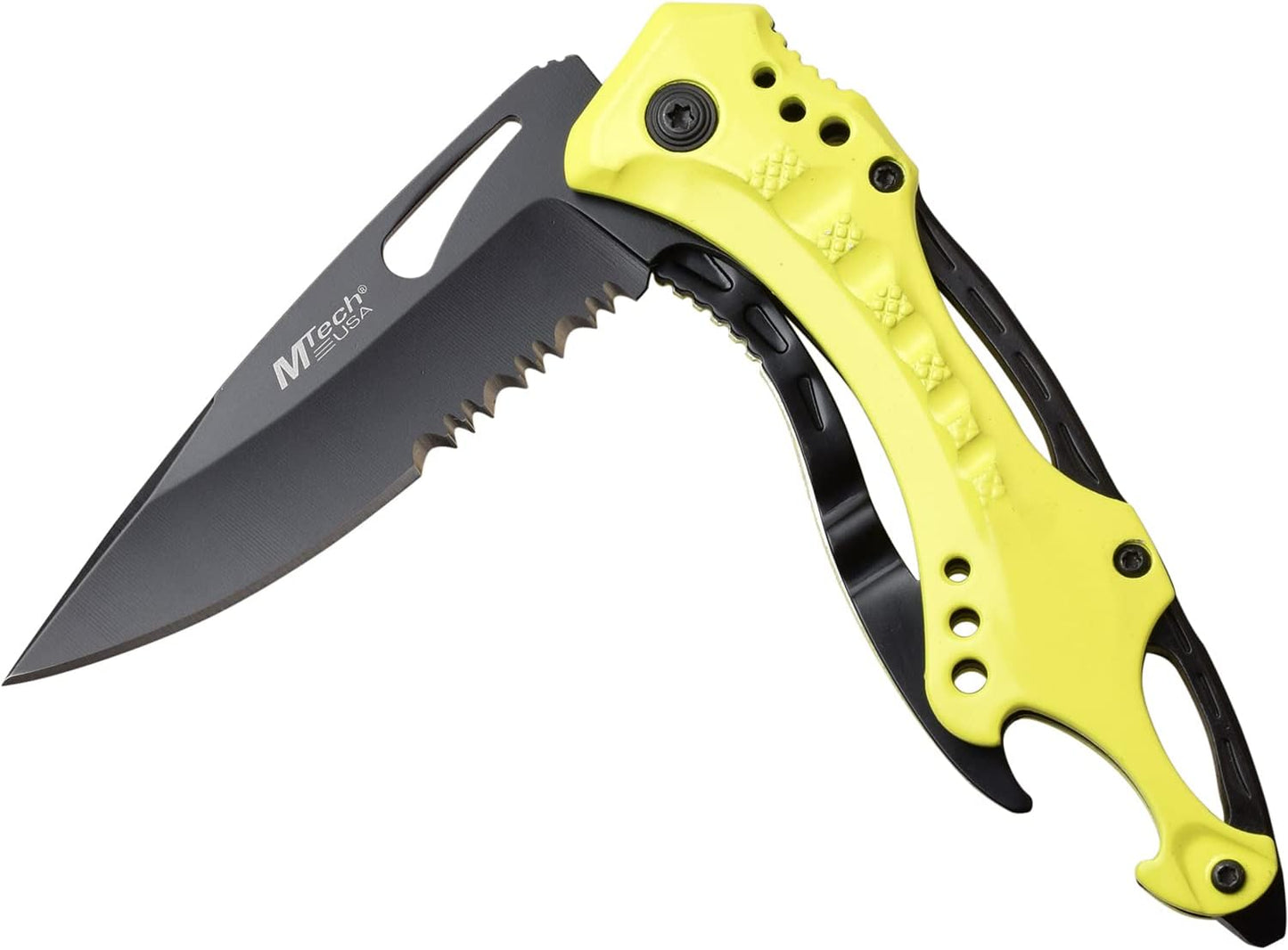 Folding Knife, 3.75-Inch Half-Serrated Blade, Titanium Coating, Glass Breaker, Pocket Clip