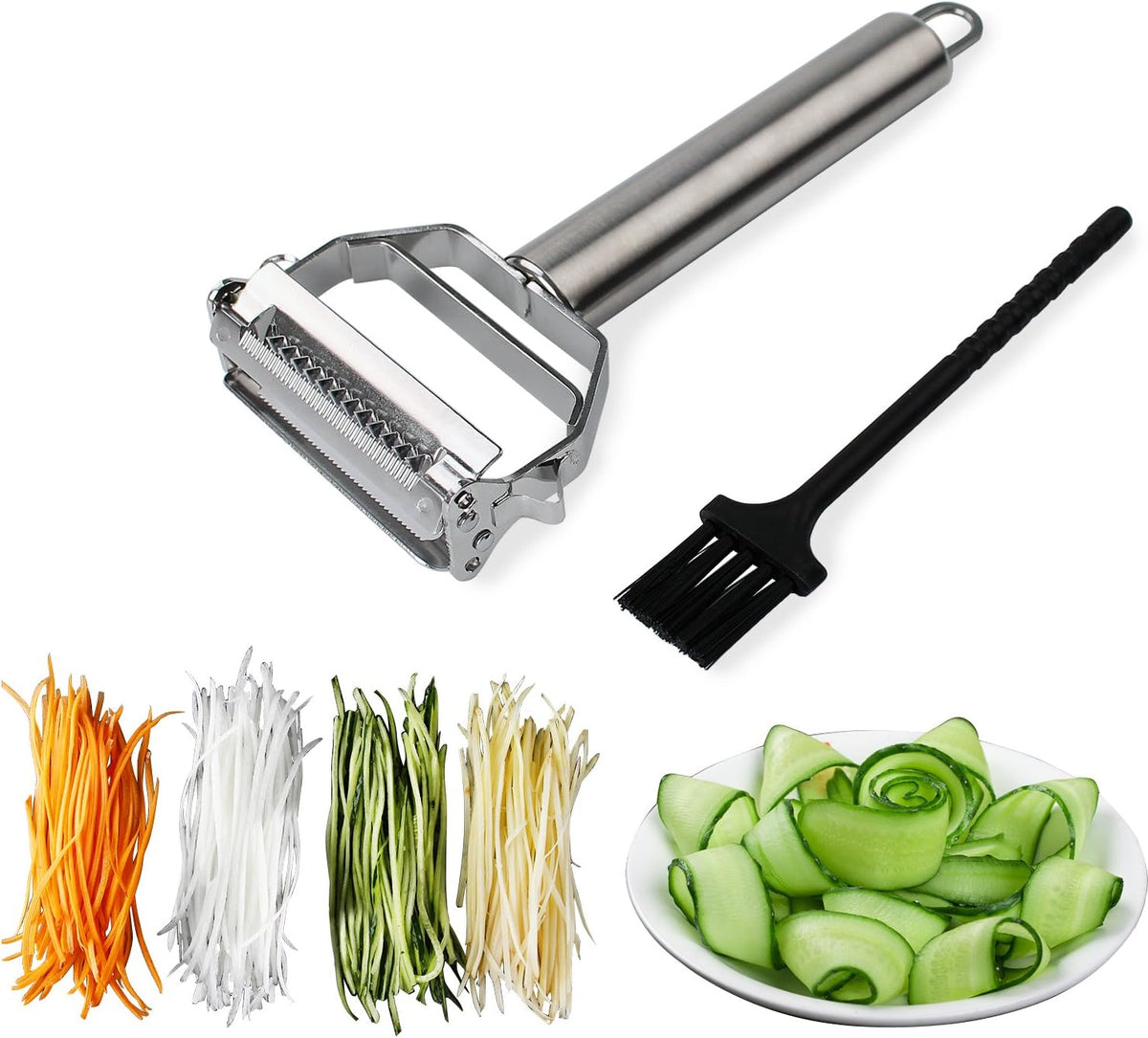 Potato Apple Vegetable Peeler Julienne Peeler for Kitchen - 3 in 1 Y Peeler for Fruit Veggie Carrot Cucumber Zucchini, Sharp Stainless Steel Peeler with Cleaning Brush