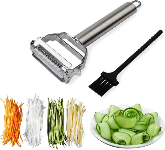 Potato Apple Vegetable Peeler Julienne Peeler for Kitchen - 3 in 1 Y Peeler for Fruit Veggie Carrot Cucumber Zucchini, Sharp Stainless Steel Peeler with Cleaning Brush