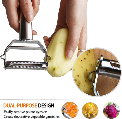Potato Apple Vegetable Peeler Julienne Peeler for Kitchen - 3 in 1 Y Peeler for Fruit Veggie Carrot Cucumber Zucchini, Sharp Stainless Steel Peeler with Cleaning Brush