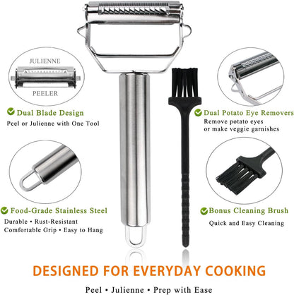 Potato Apple Vegetable Peeler Julienne Peeler for Kitchen - 3 in 1 Y Peeler for Fruit Veggie Carrot Cucumber Zucchini, Sharp Stainless Steel Peeler with Cleaning Brush