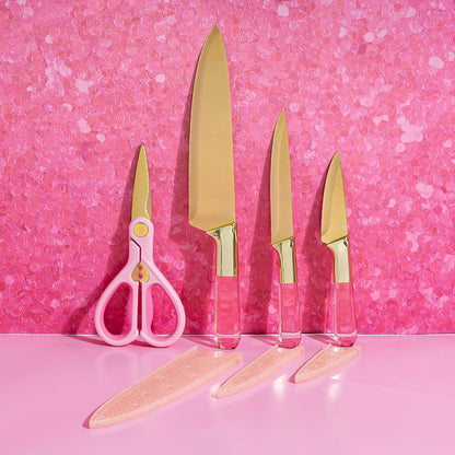 Paris Hilton Stainless Steel Knife Set with Jewel Shaped Handles and Gold Blades, Iconic Cutlery Set, 4-Piece, Pink