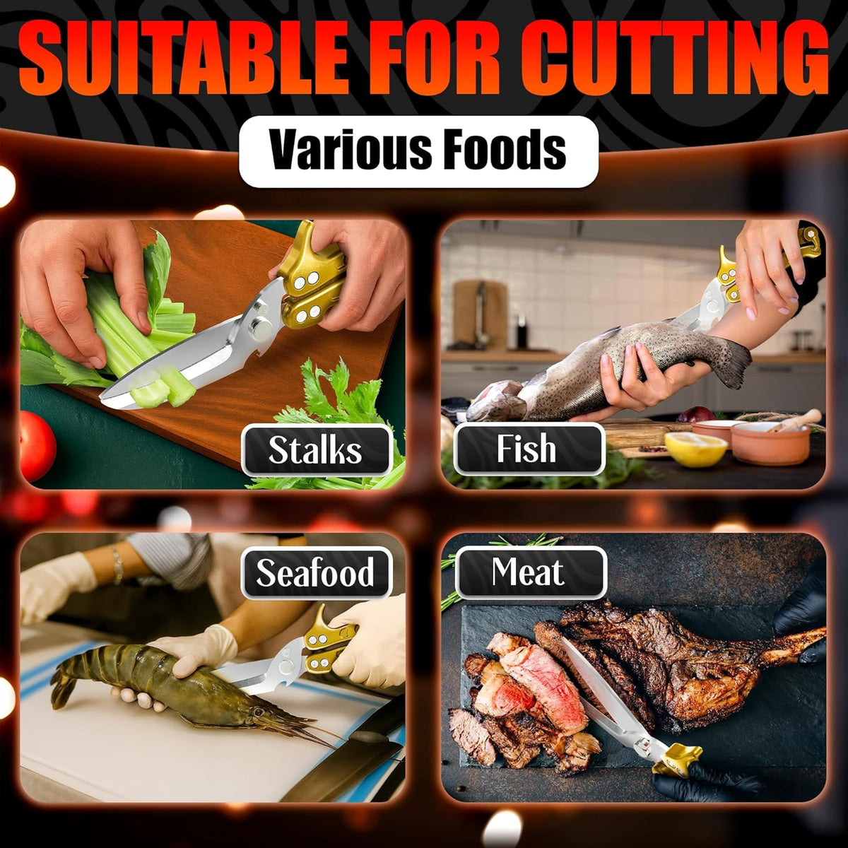 2 in 1 Kitchen Scissors for Food with Cutting Board, Safety Lock