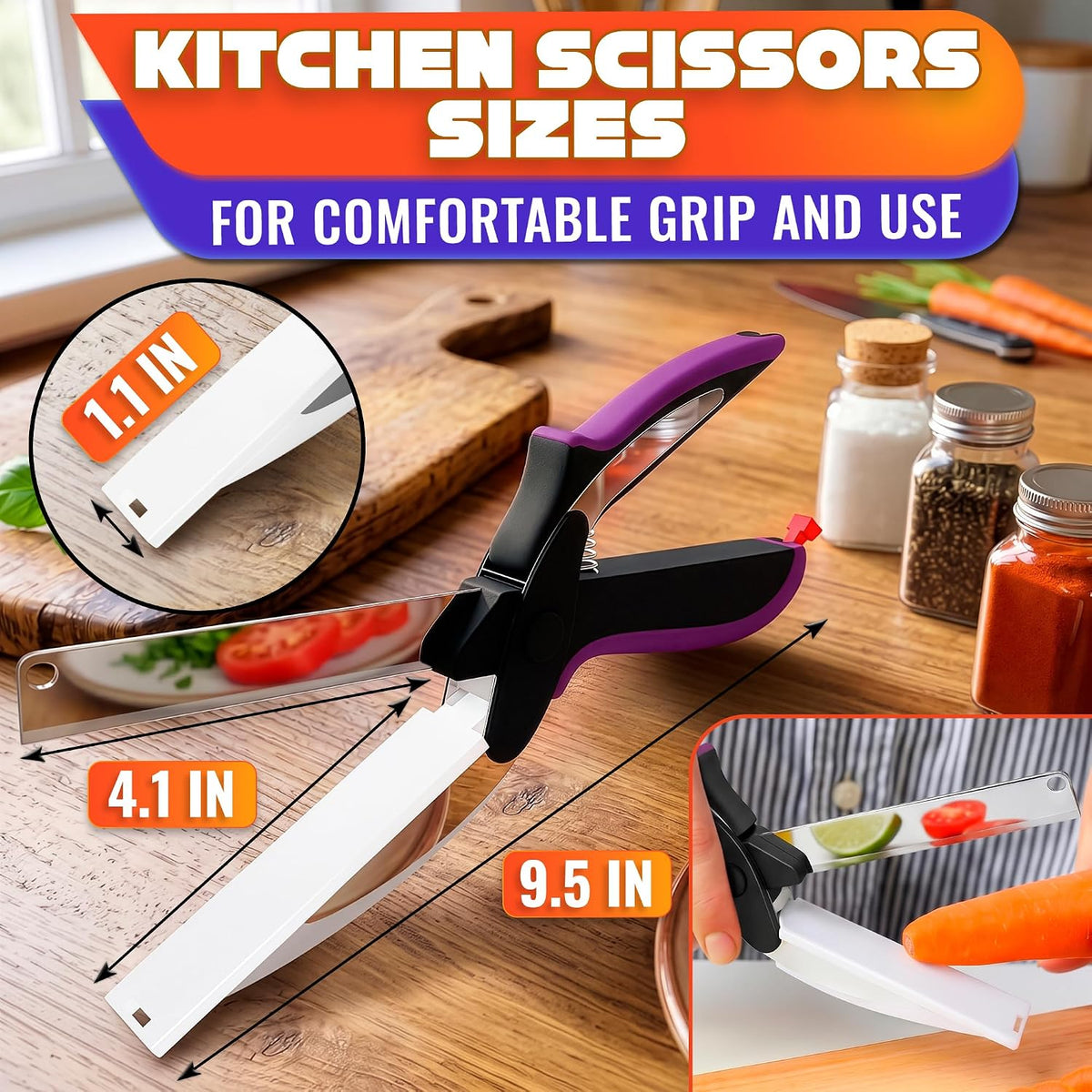2 in 1 Kitchen Scissors for Food with Cutting Board, Safety Lock