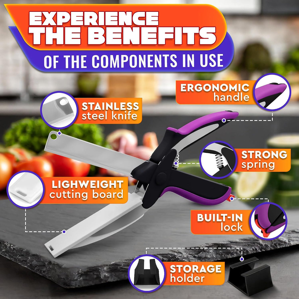 2 in 1 Kitchen Scissors for Food with Cutting Board, Safety Lock