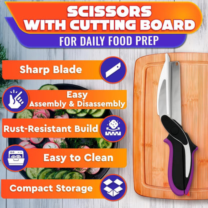 2 in 1 Kitchen Scissors for Food with Cutting Board, Safety Lock