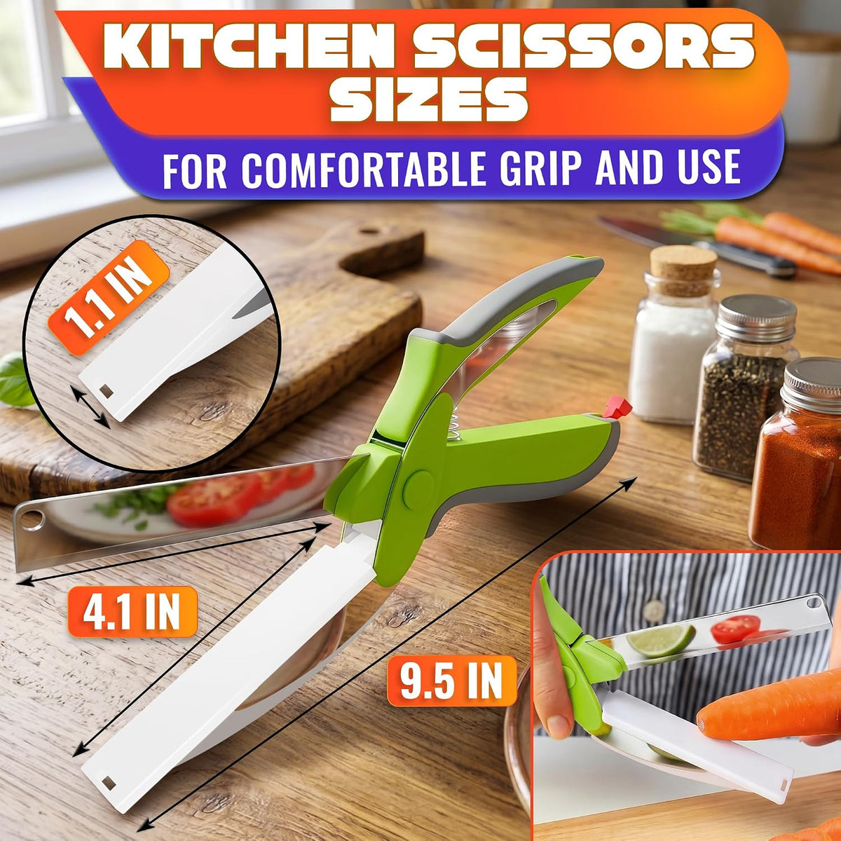 2 in 1 Kitchen Scissors for Food with Cutting Board, Safety Lock