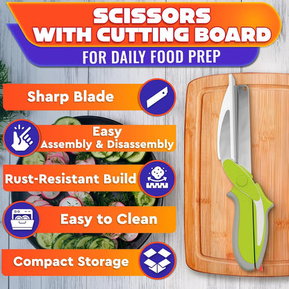 2 in 1 Kitchen Scissors for Food with Cutting Board, Safety Lock