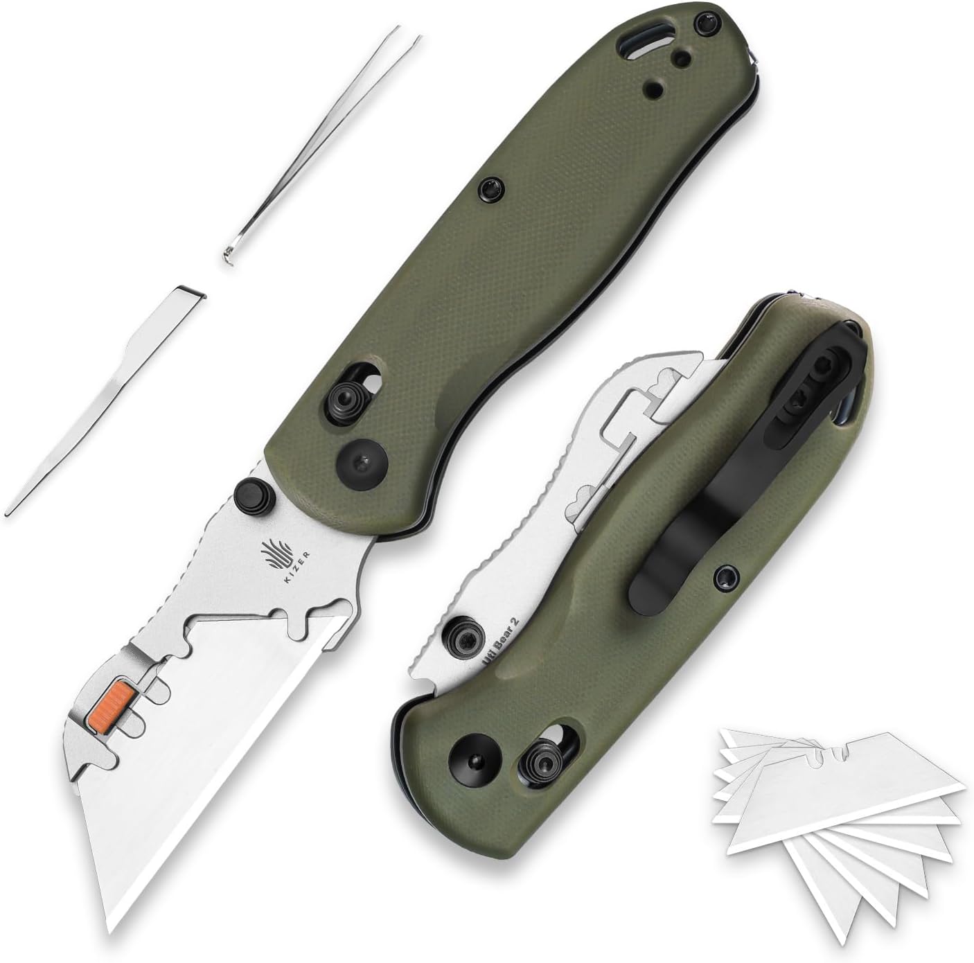 Uti Bear(Tool-Free Version) Folding Utility Knife, Quick Change Box Cutter EDC knife with 5PCS Razor Blades, Clutch Lock & Pocket Clip Small Pocket Knives for Men Women V3619JA6