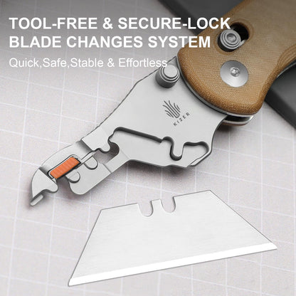 Uti Bear(Tool-Free Version) Folding Utility Knife, Quick Change Box Cutter EDC knife with 5PCS Razor Blades, Clutch Lock & Pocket Clip Small Pocket Knives for Men Women V3619JA6