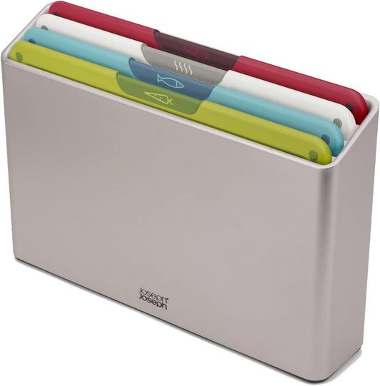 Folio Icon 4-Piece Multi Colour coded Cutting Board Set, Slimline case for organized Kitchen storage, Silver