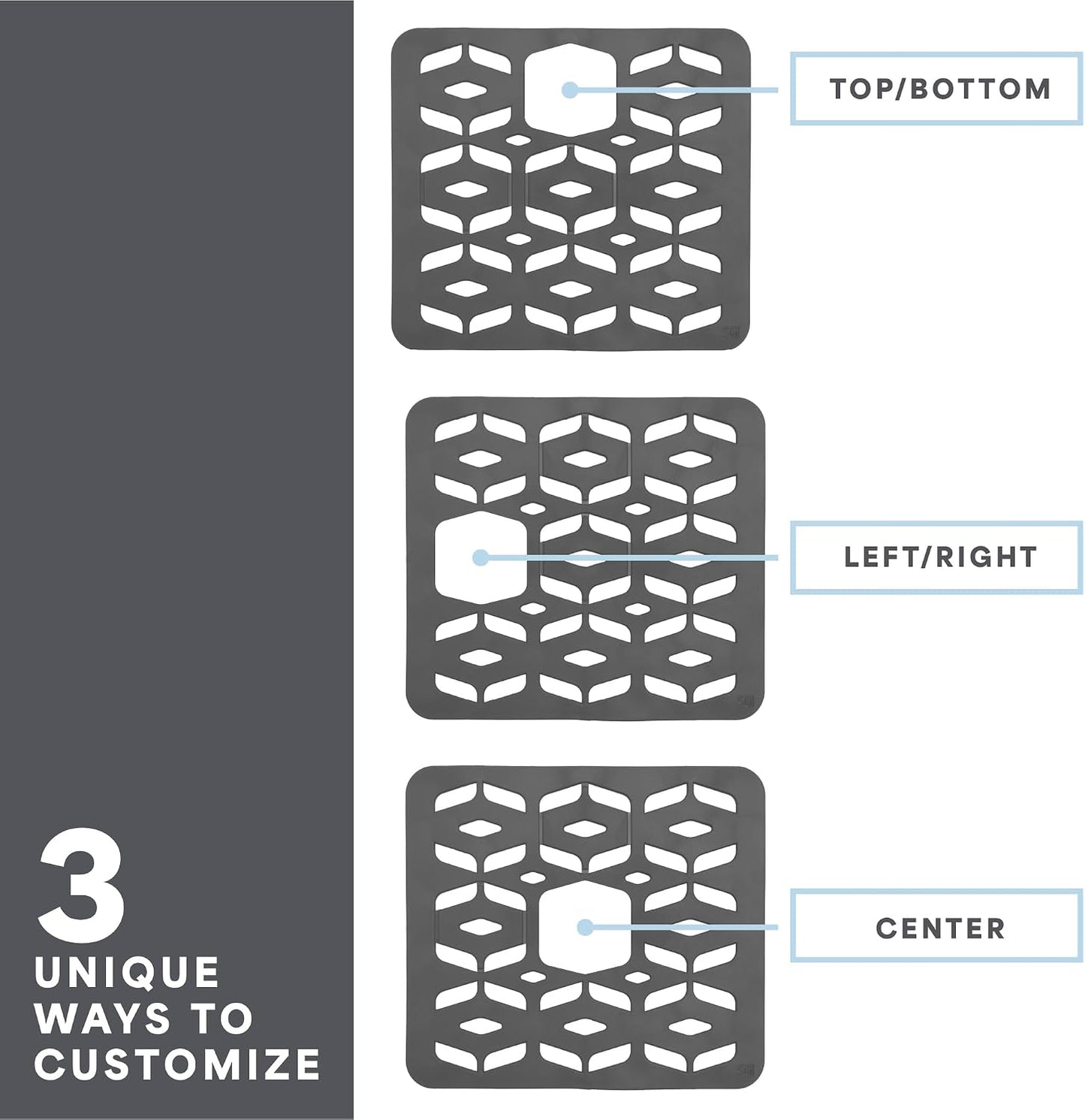 . Kitchen Sink Mat, 12.8" x 11.3", Grey | Cut-to-Fit Drain Hole, Raised Feet for Water Flow, Protect Sink Basin, Dishwasher Safe
