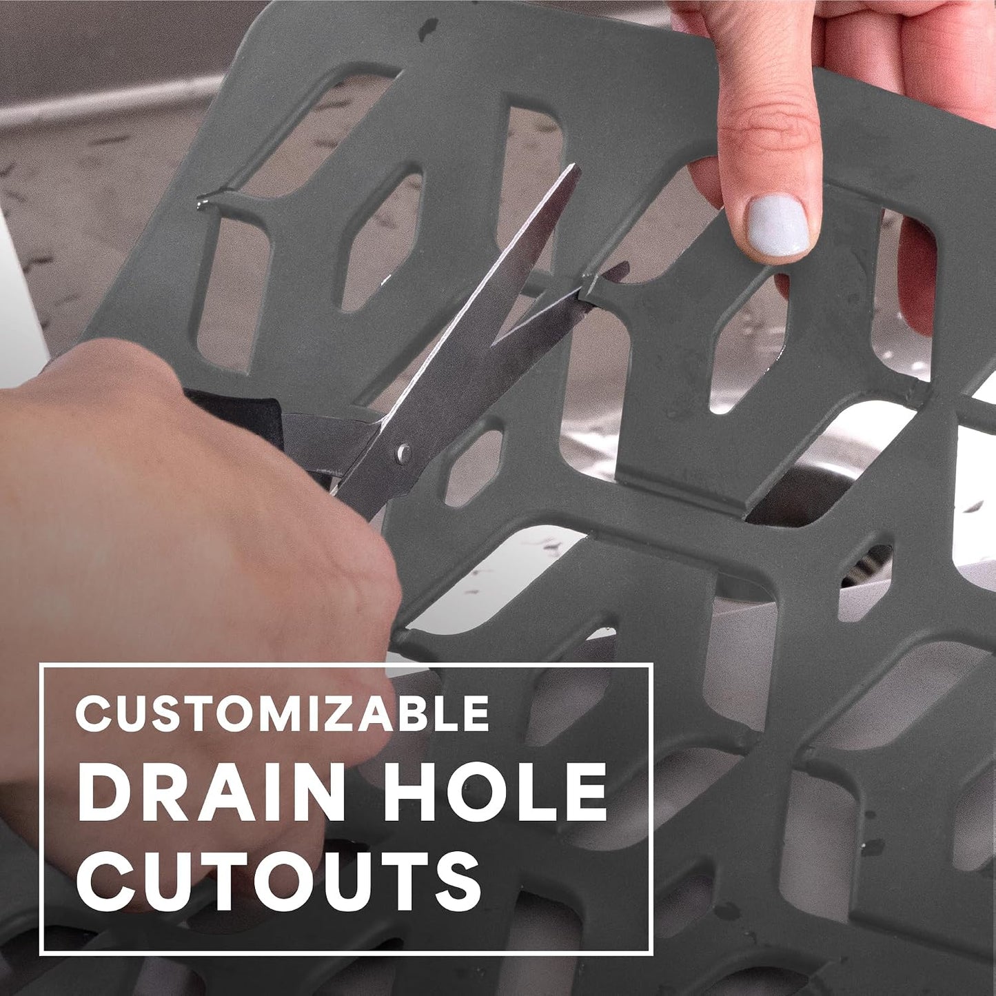 . Kitchen Sink Mat, 12.8" x 11.3", Grey | Cut-to-Fit Drain Hole, Raised Feet for Water Flow, Protect Sink Basin, Dishwasher Safe