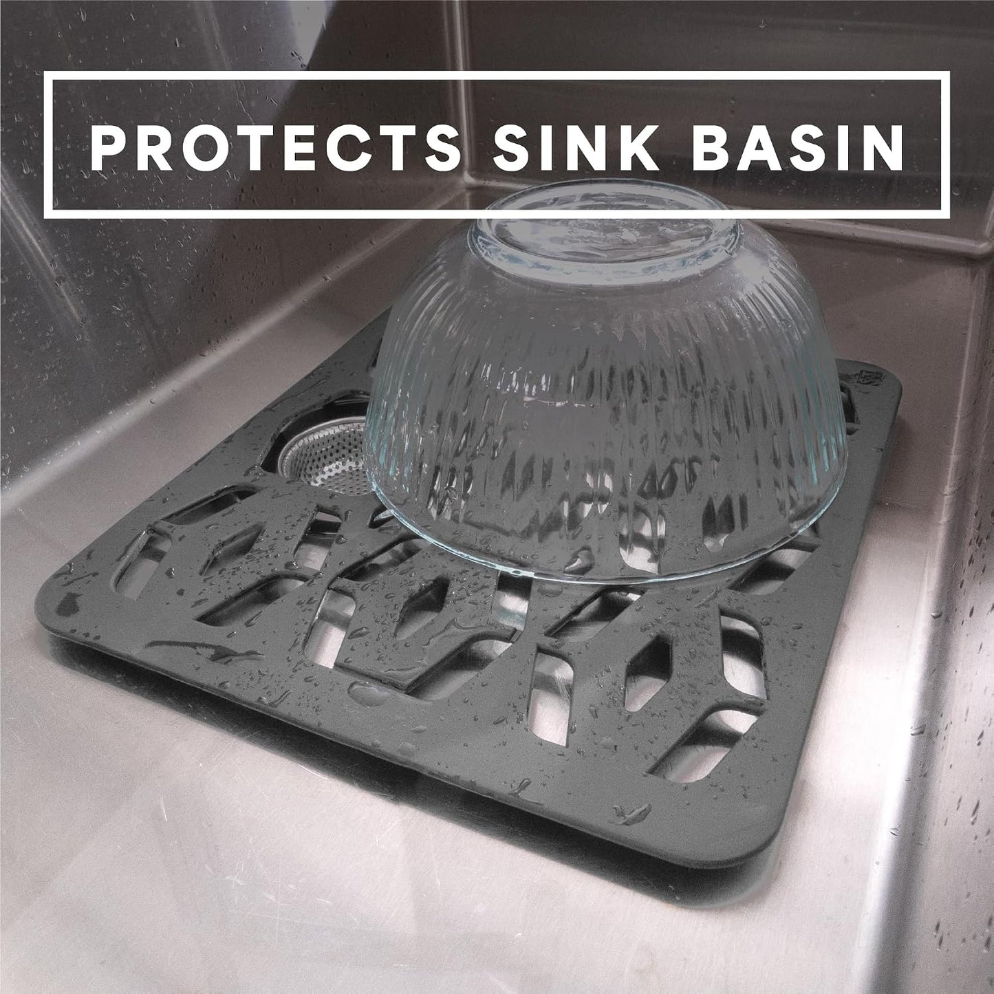 . Kitchen Sink Mat, 12.8" x 11.3", Grey | Cut-to-Fit Drain Hole, Raised Feet for Water Flow, Protect Sink Basin, Dishwasher Safe