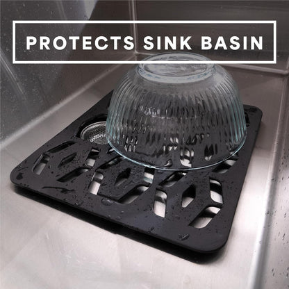 . Kitchen Sink Mat, 12.8" x 11.3", Grey | Cut-to-Fit Drain Hole, Raised Feet for Water Flow, Protect Sink Basin, Dishwasher Safe