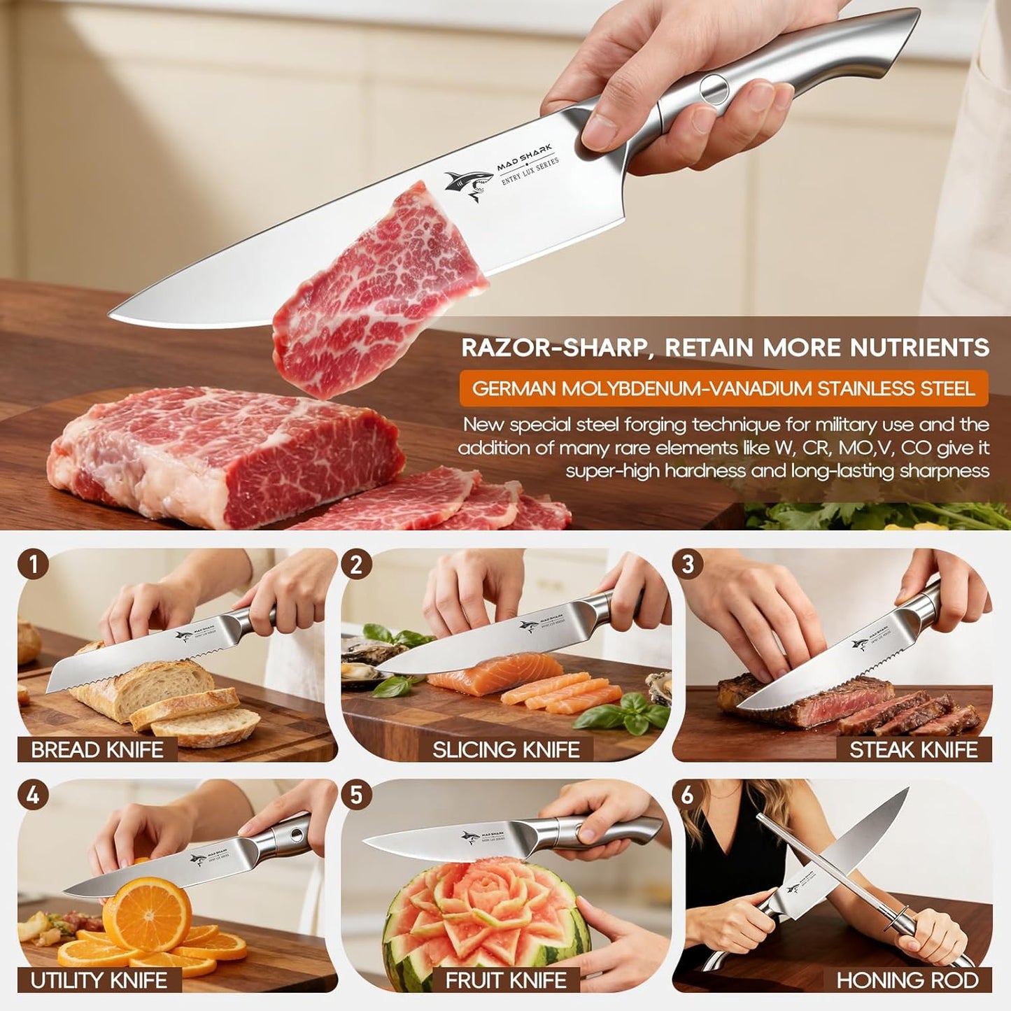 Kitchen Knife Set,5PCS High Carbon Stainless Steel Chef Knife Set | Ultra Sharp Blades, Ergonomic Non-Slip Grip Kitchen Cutlery Set With Gift Box, Great For Daily Cooking & Holiday Gifting