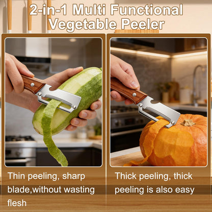 2PCS Premium Vegetable Peeler with Wooden Handle and Bottle Opener, Multifunctional Vegetable Peeler, 2-In-1 Stainless Steel Blade Peeler Knife for Potato Fruit Pineapple Pumpkin Papaya Carrot (A)