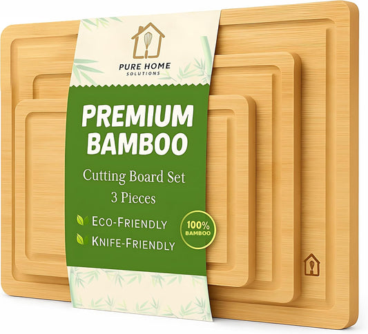 Bamboo Cutting Board Set, Durable Wood Cutting Boards for Kitchen with Deep Juice Grooves & Built-in Handles, Ideal Charcuterie & Chopping for Meat, Vegetables - Perfect Kitchen Gift for Home Cooks
