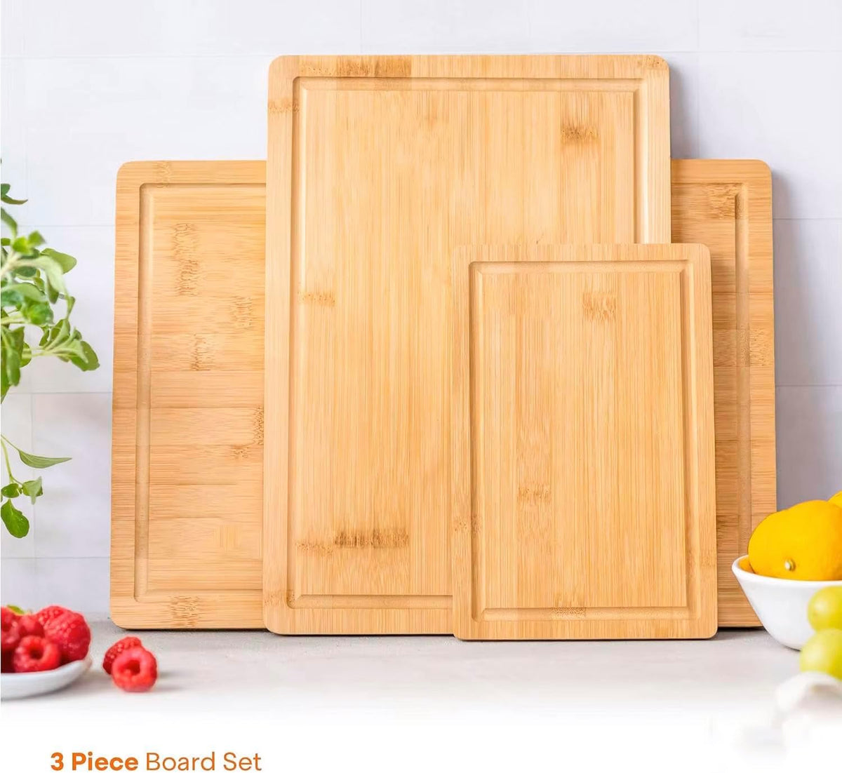 Bamboo Cutting Board Set, Durable Wood Cutting Boards for Kitchen with Deep Juice Grooves & Built-in Handles, Ideal Charcuterie & Chopping for Meat, Vegetables - Perfect Kitchen Gift for Home Cooks