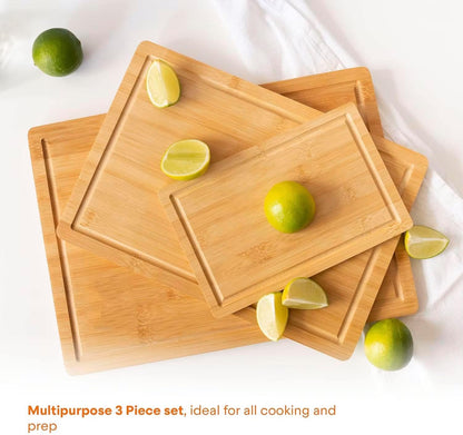 Bamboo Cutting Board Set, Durable Wood Cutting Boards for Kitchen with Deep Juice Grooves & Built-in Handles, Ideal Charcuterie & Chopping for Meat, Vegetables - Perfect Kitchen Gift for Home Cooks