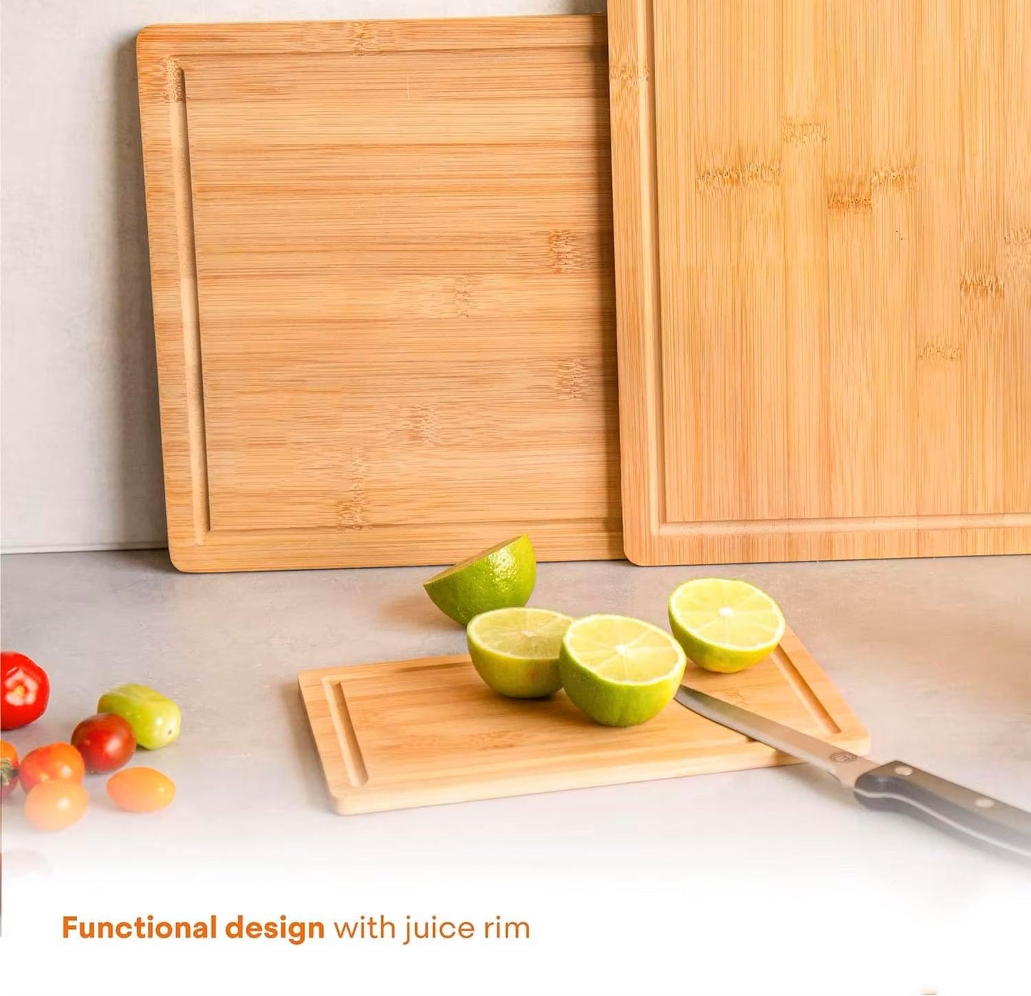 Bamboo Cutting Board Set, Durable Wood Cutting Boards for Kitchen with Deep Juice Grooves & Built-in Handles, Ideal Charcuterie & Chopping for Meat, Vegetables - Perfect Kitchen Gift for Home Cooks