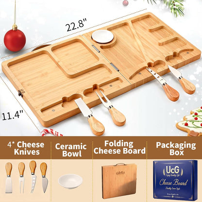 Charcuterie Board Gifts for Women: Bamboo Folding Cheese Board with Knife | Unique White Elephant Gift Wedding Housewarming Mothers Day Birthday Party Bridal Shower Gift