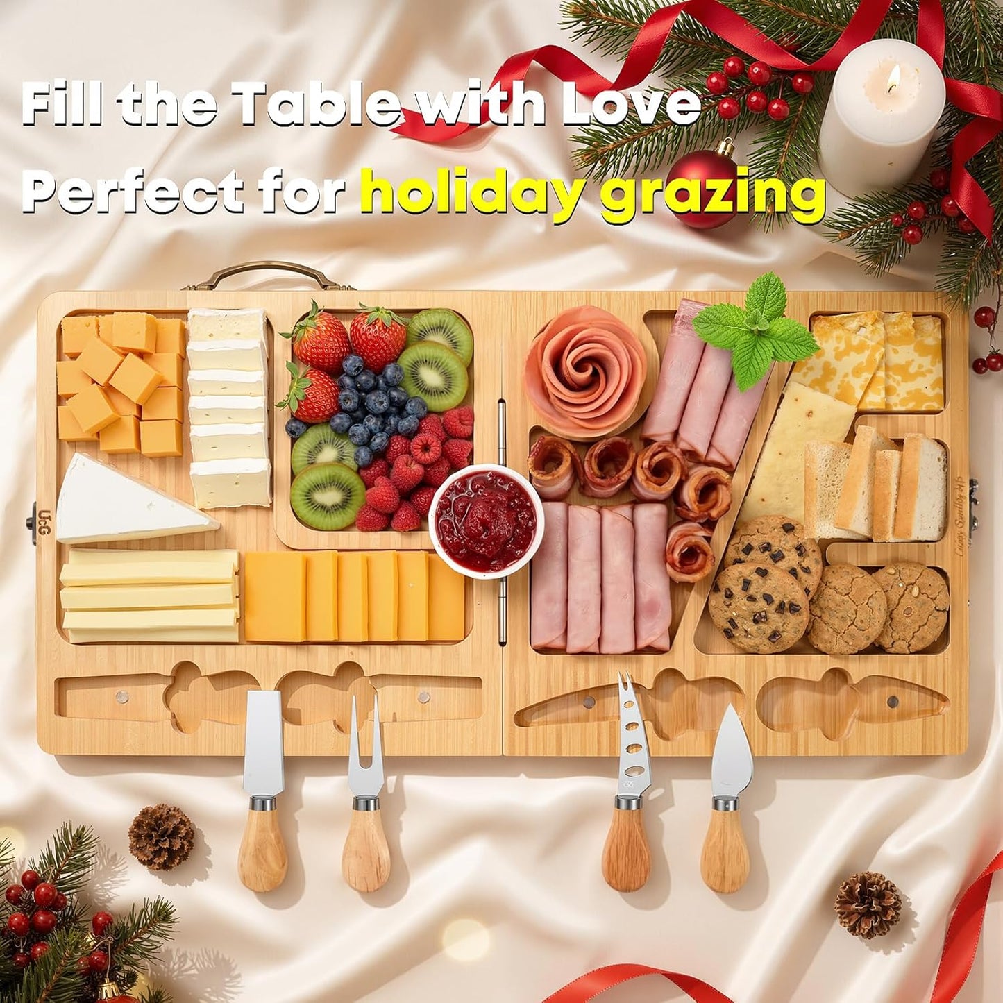 Charcuterie Board Gifts for Women: Bamboo Folding Cheese Board with Knife | Unique White Elephant Gift Wedding Housewarming Mothers Day Birthday Party Bridal Shower Gift