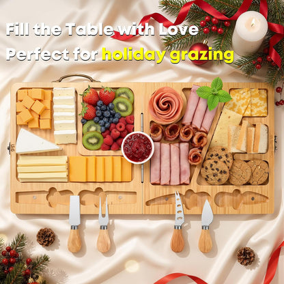 Charcuterie Board Gifts for Women: Bamboo Folding Cheese Board with Knife | Unique White Elephant Gift Wedding Housewarming Mothers Day Birthday Party Bridal Shower Gift
