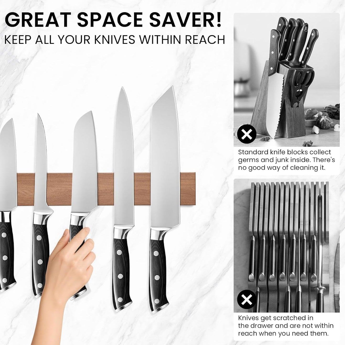 Large Magnetic Knife Strips, 24 Inch Magnetic Knife Holder for Wall | Wood