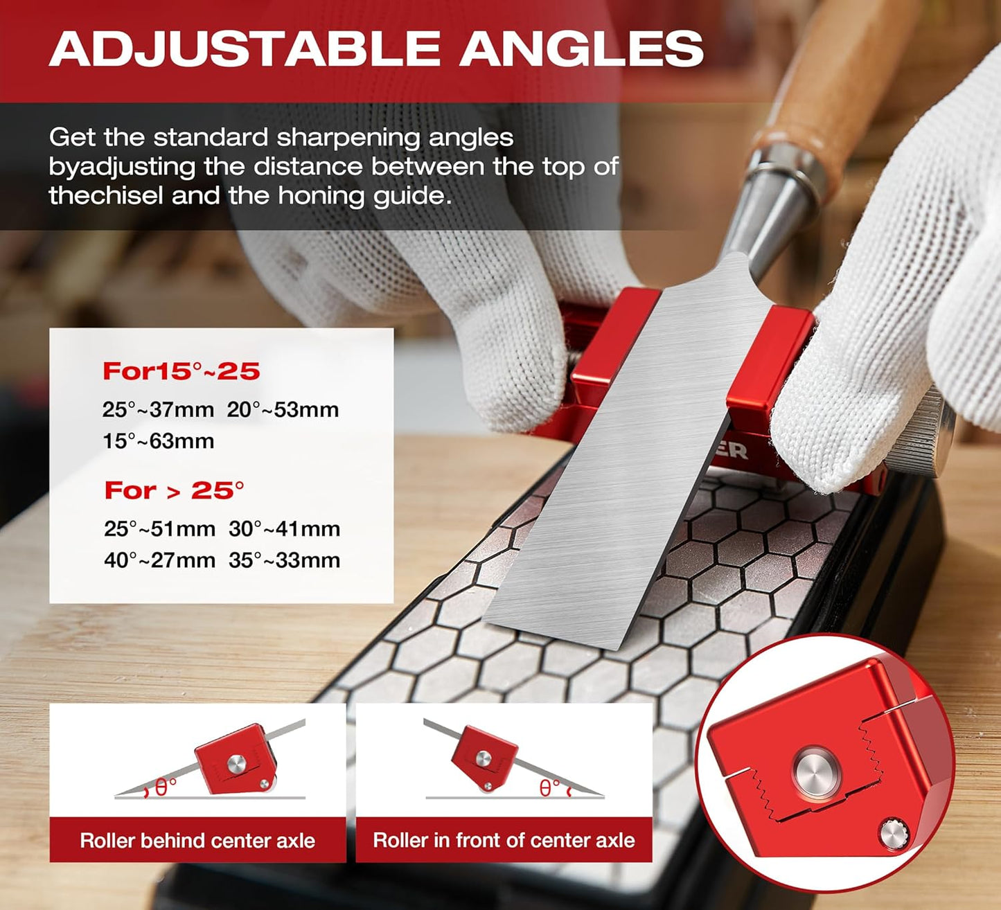 Chisel Sharpening Jig,Wood Honing Guide with Whetstone - Red Off-Center Upgraded Honing Tool and Diamond Sharpening Stone Set Kit for Knife, Short Chisels and Planes