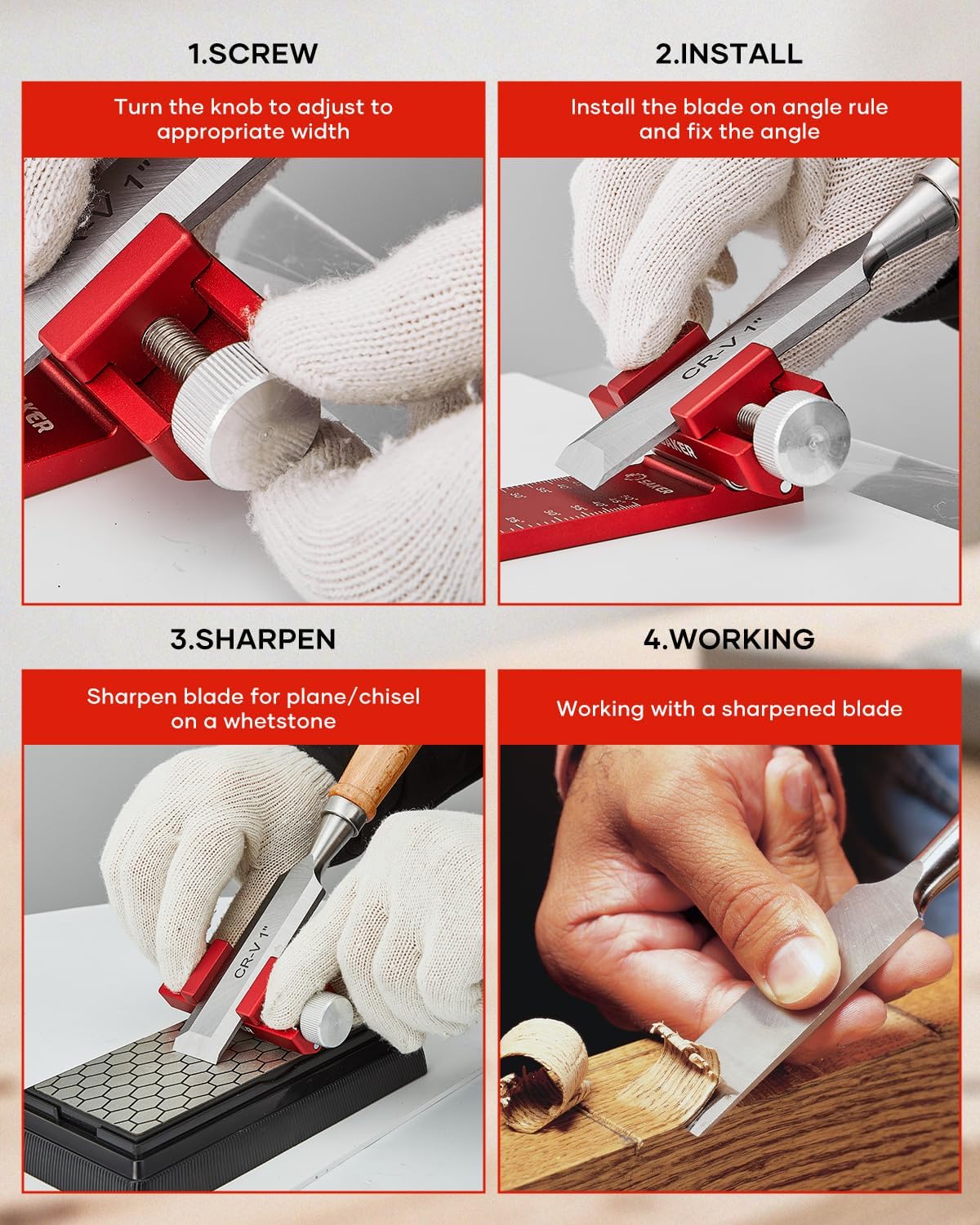 Chisel Sharpening Jig,Wood Honing Guide with Whetstone - Red Off-Center Upgraded Honing Tool and Diamond Sharpening Stone Set Kit for Knife, Short Chisels and Planes