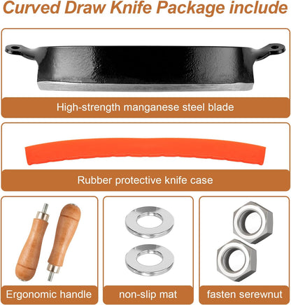 10 Inch Curved Draw Knife Woodworking Debarking Tool Felled Shave Knife Bark Knives with Carbon Steel Blade and Wooden Handles for Bark Peeling Woodworking Fathers Day Mens Woodworking Birthday Gift