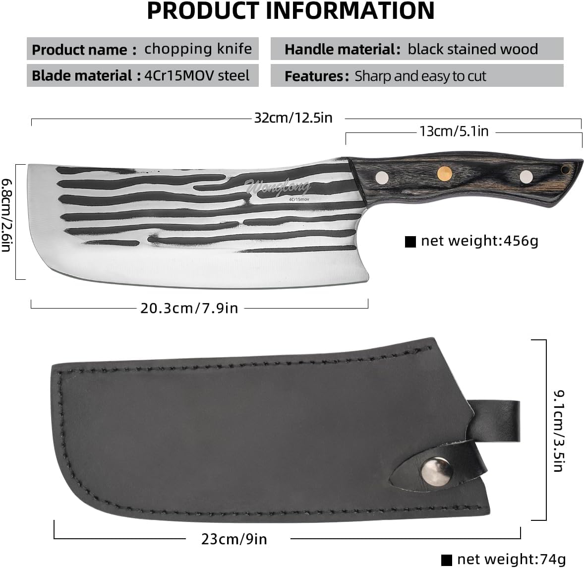 Meat Cleaver Knife Heavy with Sheath, Meat Cleaver Knife for Meat Cutting, Hand Forged Chef Butcher Full Tang Boning Knife for Outdoor Cooking, Kitchen or Camping BBQ