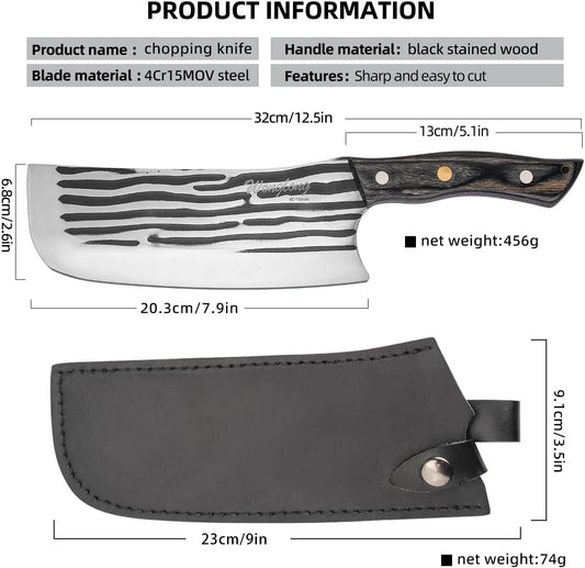 Meat Cleaver Knife Heavy with Sheath, Meat Cleaver Knife for Meat Cutting, Hand Forged Chef Butcher Full Tang Boning Knife for Outdoor Cooking, Kitchen or Camping BBQ