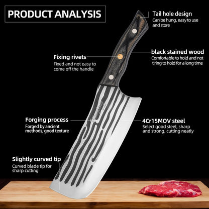 Meat Cleaver Knife Heavy with Sheath, Meat Cleaver Knife for Meat Cutting, Hand Forged Chef Butcher Full Tang Boning Knife for Outdoor Cooking, Kitchen or Camping BBQ